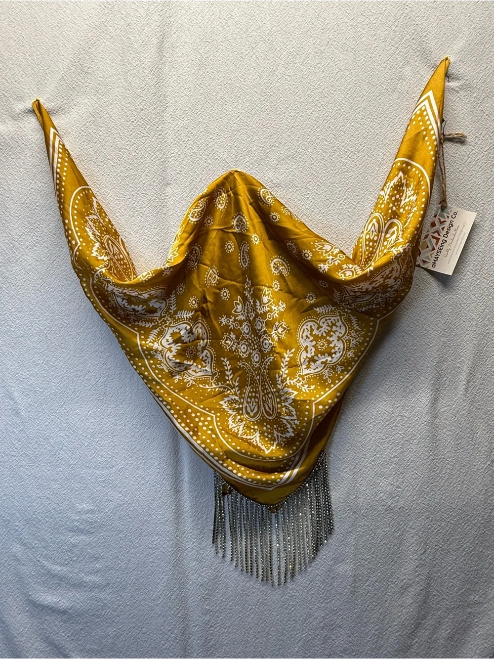 Rockstar Boho Gold Yellow Bandana Scarf Necklace w/ Rhinestone Fringe Cowgirl